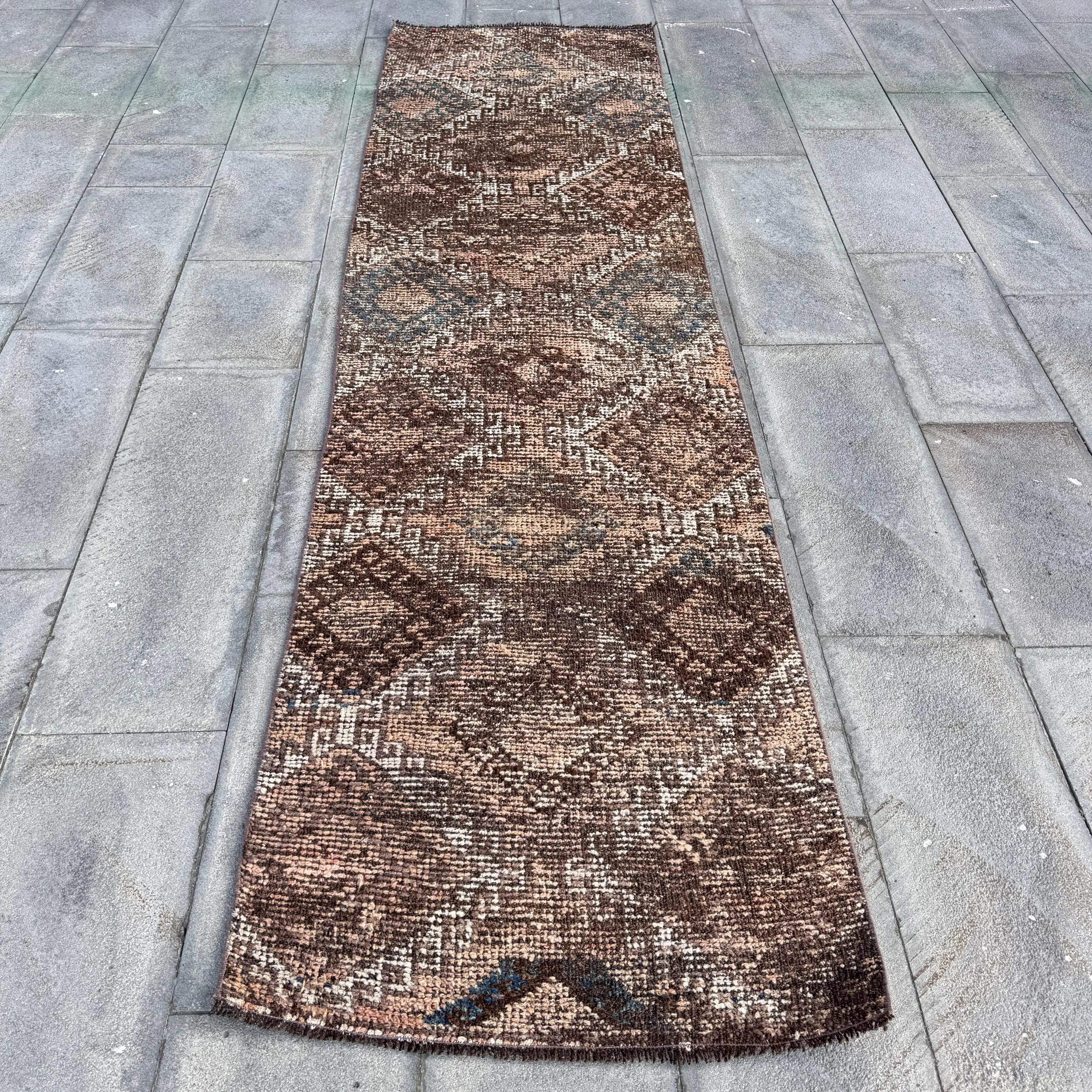 2.7x9.7 ft Runner Turkish Rug, Vintage Rug, Brown Blue Polka dot Wool Rug - 1