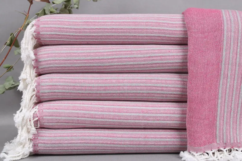 Turkish Beach Towel Fuchsia-Gray Stripes, Organic Cotton, 36x71 Inches