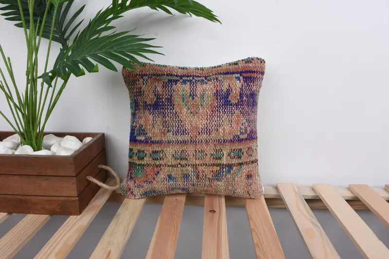 Vintage Kilim Pillow, Decorative Pillow Cover, Cushion Case, Kilim Cushion Sham, 12x12 Blue Cushion Case, Throw Kilim Pillow - 1