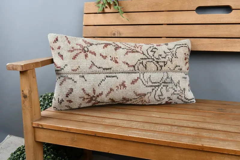 Kilim Pillow, Pillow, Turkish Kilim Pillow, Outdoor Throw Cushion Case, Antique Pillows, 12x24 Beige Cushion - 1