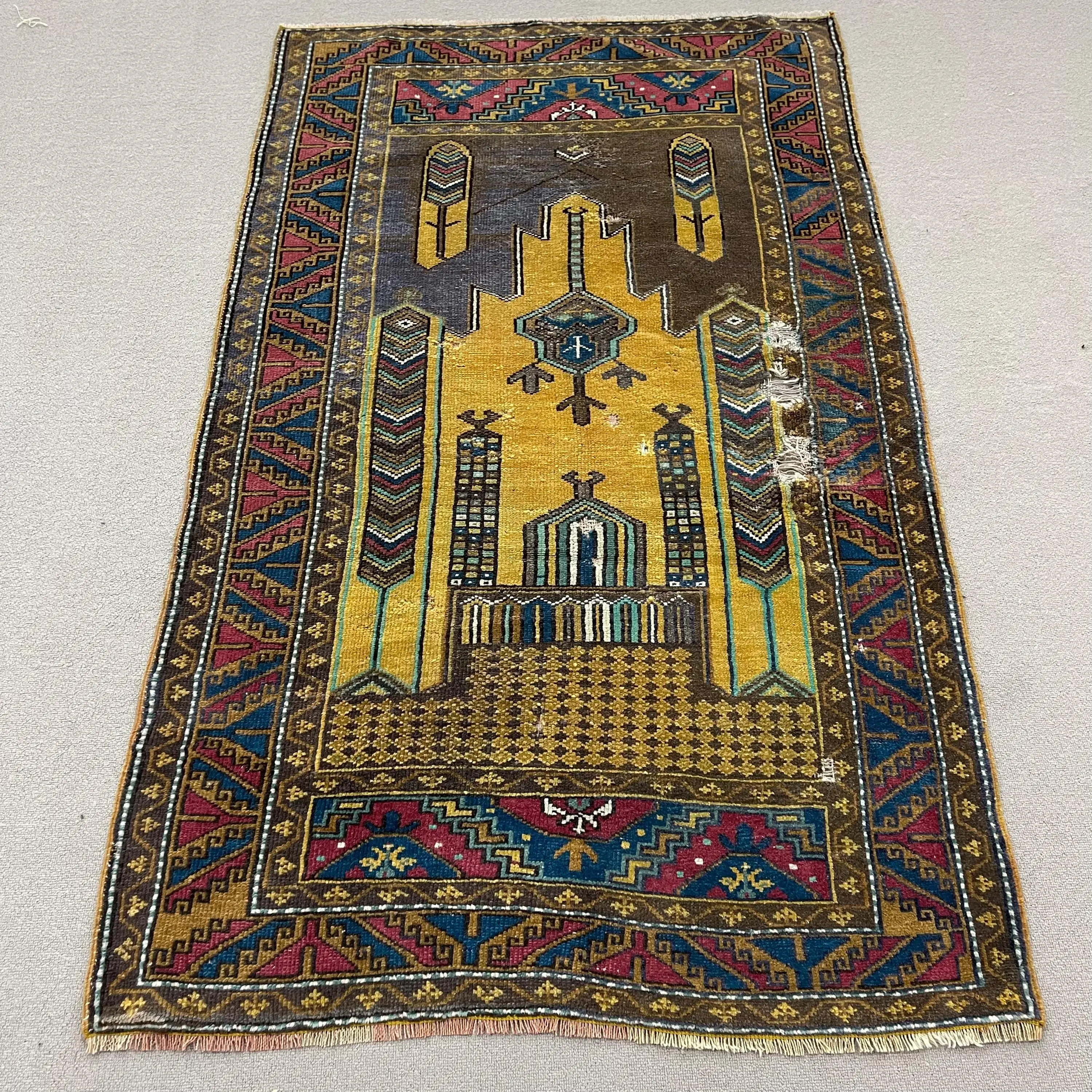 Vintage Halı 3.2x5.4 ft, Mavi Kırmızı Kamuflaj Yün Türk Halısı - 1