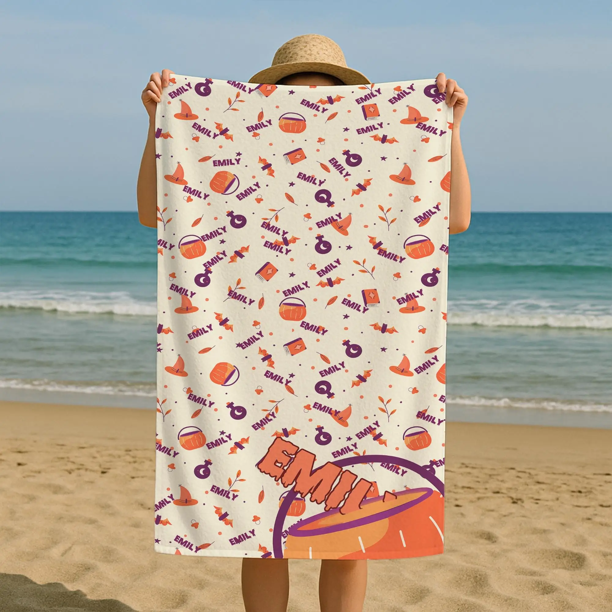 Personalized Halloween Beach Towel Custom Name Pumpkin Witch Design, 28x53 Inches - 1
