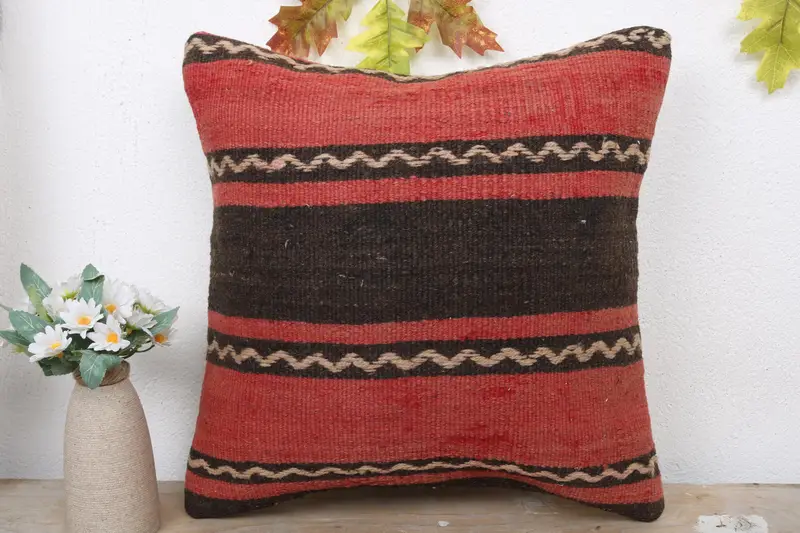 Handmade Kilim Cushion, Kilim Cushion Sham, Tribal Pillow Case, Gift Pillow, Garden Pillow Case, 16x16 Red Pillow Sham, Cushion Cover - 2