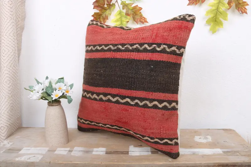 Handmade Kilim Cushion, Kilim Cushion Sham, Tribal Pillow Case, Gift Pillow, Garden Pillow Case, 16x16 Red Pillow Sham, Cushion Cover - 4