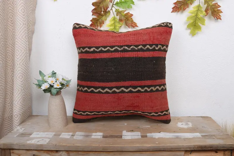 Handmade Kilim Cushion, Kilim Cushion Sham, Tribal Pillow Case, Gift Pillow, Garden Pillow Case, 16x16 Red Pillow Sham, Cushion Cover - 1