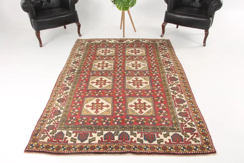 Vintage Oushak Area Rug 4.9x7 ft (148x214 cm), Turkish Red Southwestern Wool Rug - 1