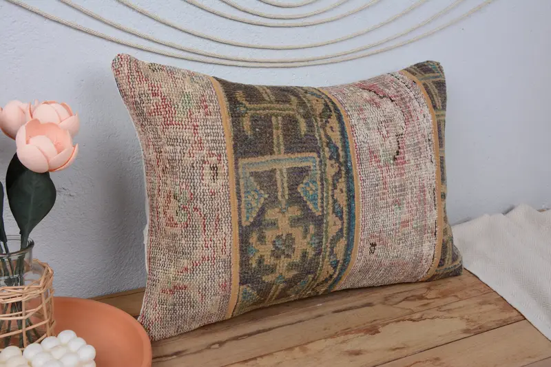 Ethnic Pillow Sham, 16x24 Brown Cushion Cover, Decorative Bolster Pillow Case, Cushion Cover, Vintage Pillow, Boho Pillow, Ethnical Kilim Rug Pillow - 1