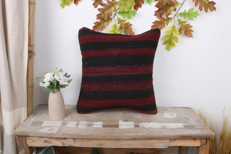 Natural Cushion, Kilim Pillow Cover, Pillow Cover, 16x16 Red Pillow Sham, Handmade Kilim Cushion, Turkish Bench Pillow Cover, Throw Kilim Pillow - 1