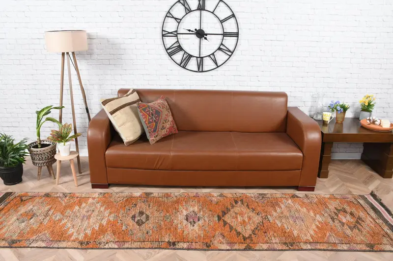 2.4x10.8 ft Runner Vintage Rug, Orange Patchwork Turkish Rug - 1