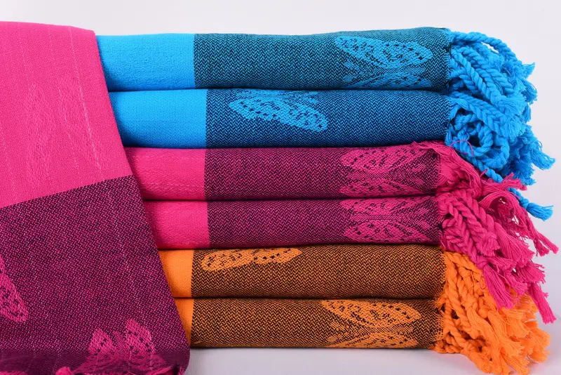 Handmade Purple Butterfly Design Beach Towel, Organic Cotton, 70x32 Inches