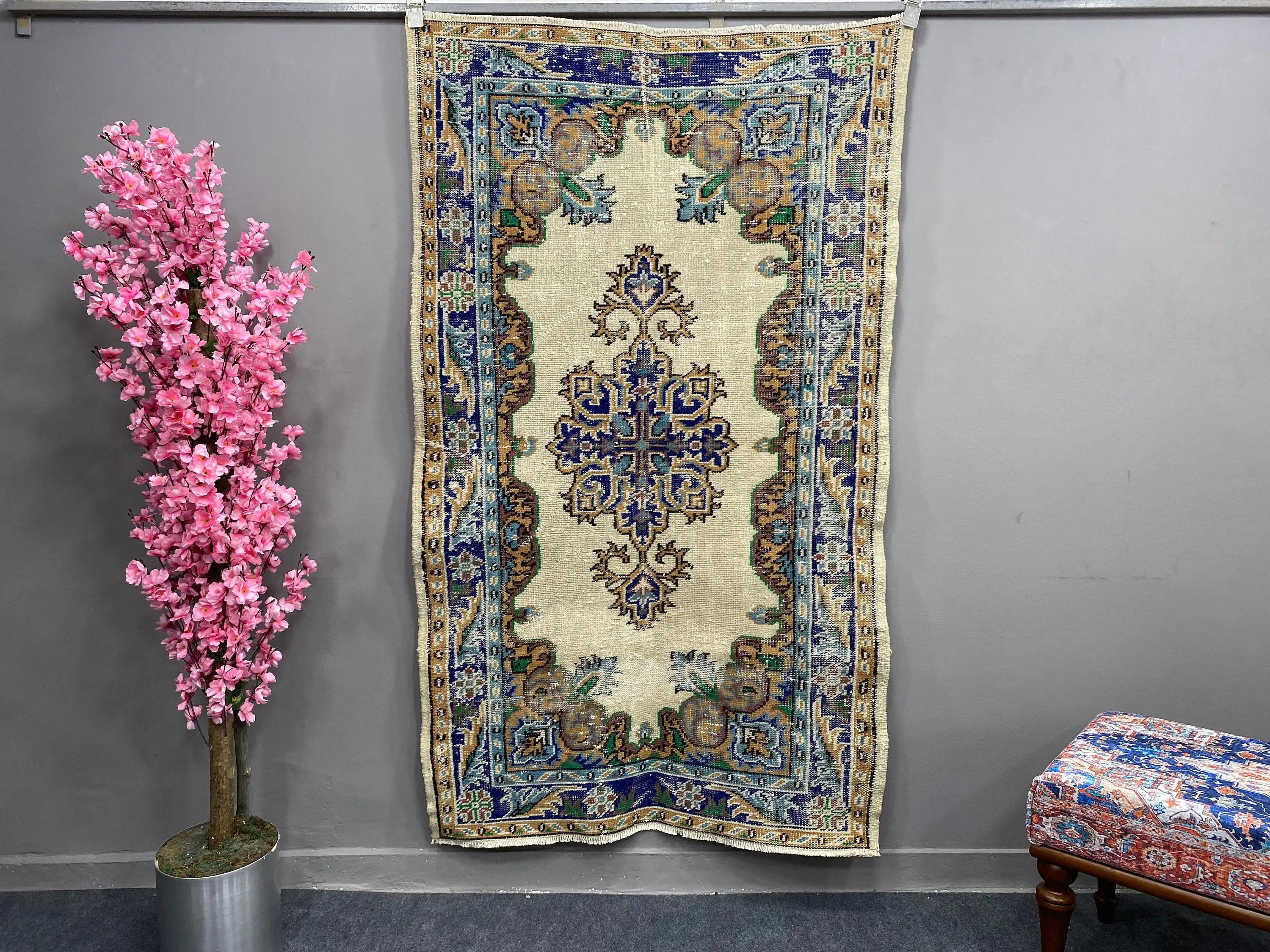 3.5x5.9 ft Halı, Türk Vintage Halısı, Mavi Kahverengi İkat Halı - 1