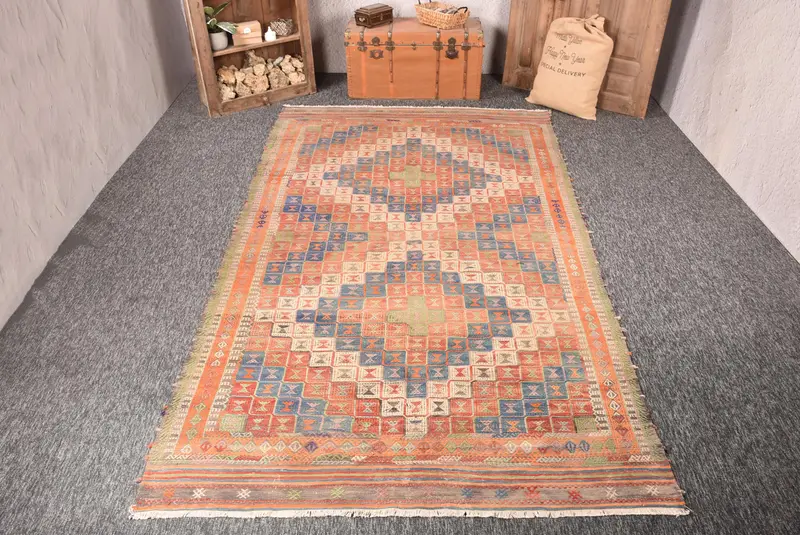Vintage Büyük Halı, 6x11.2 ft Türk Halısı, Kırmızı Geometrik Yün Halı - 1