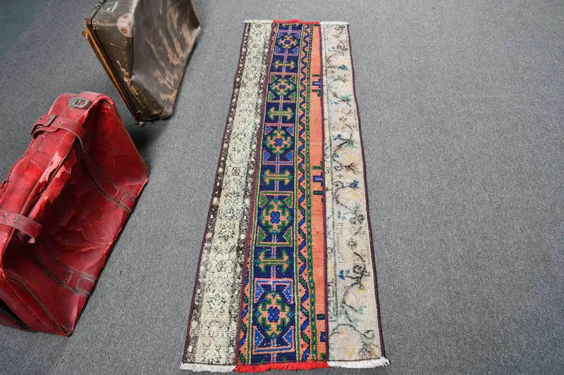 1.8x5.8 ft Runner Vintage Halı, Türk Halısı, Mavi Turuncu Fas Yün Halısı - 1