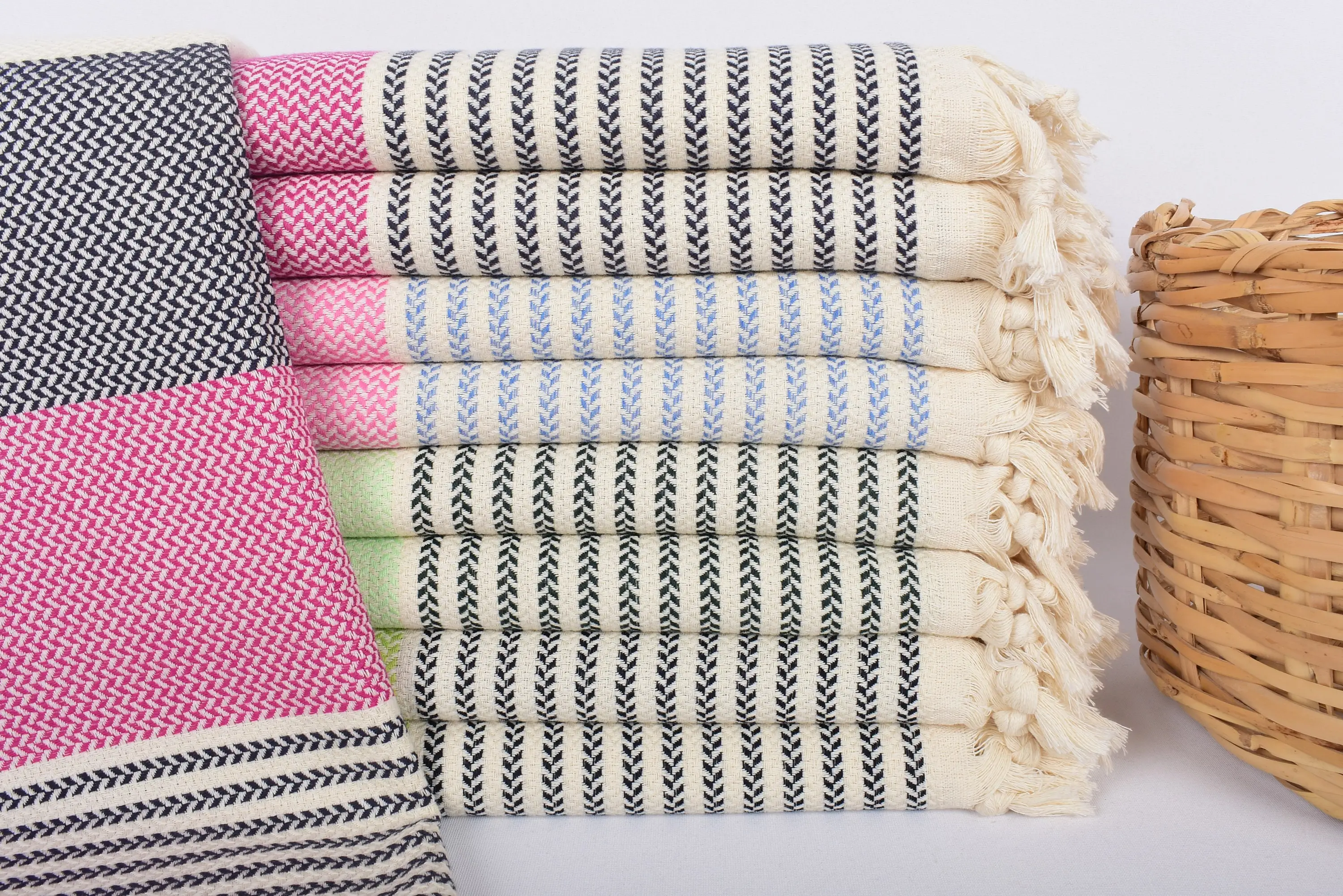 Pink-Navy Blue Striped Turkish Towel, Organic Cotton, 70x40 Inches - 1