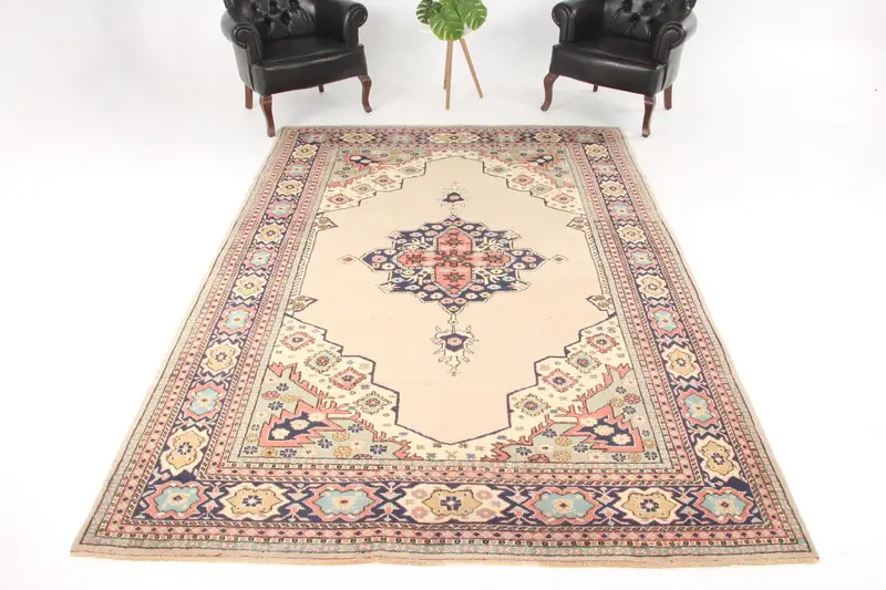Vintage Oushak Rug 6.9x10 ft, Blue Red Abstract Wool Turkish Rug - 1