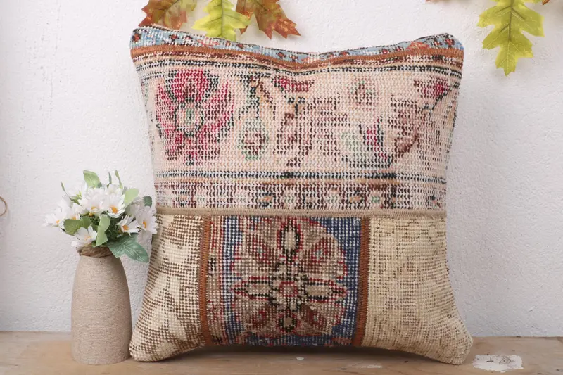 Bolster Throw Cushion Case, Pastel Pillow, 16x16 Beige Cushion Cover, Antique Pillows, Handmade Kilim Cushion, Throw Kilim Pillow, Cushion - 2