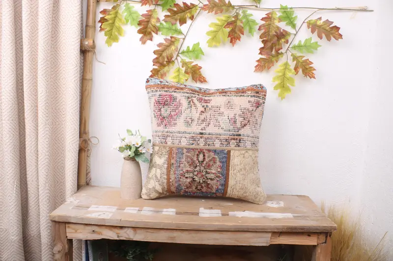 Bolster Throw Cushion Case, Pastel Pillow, 16x16 Beige Cushion Cover, Antique Pillows, Handmade Kilim Cushion, Throw Kilim Pillow, Cushion - 1