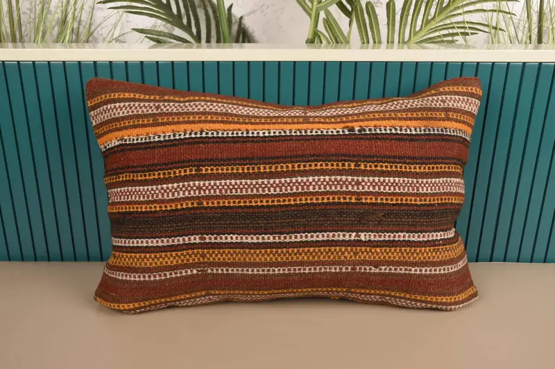 Woven Turkish Pillow, Striped Red 16x24 inch Moroccan Cushion - 1