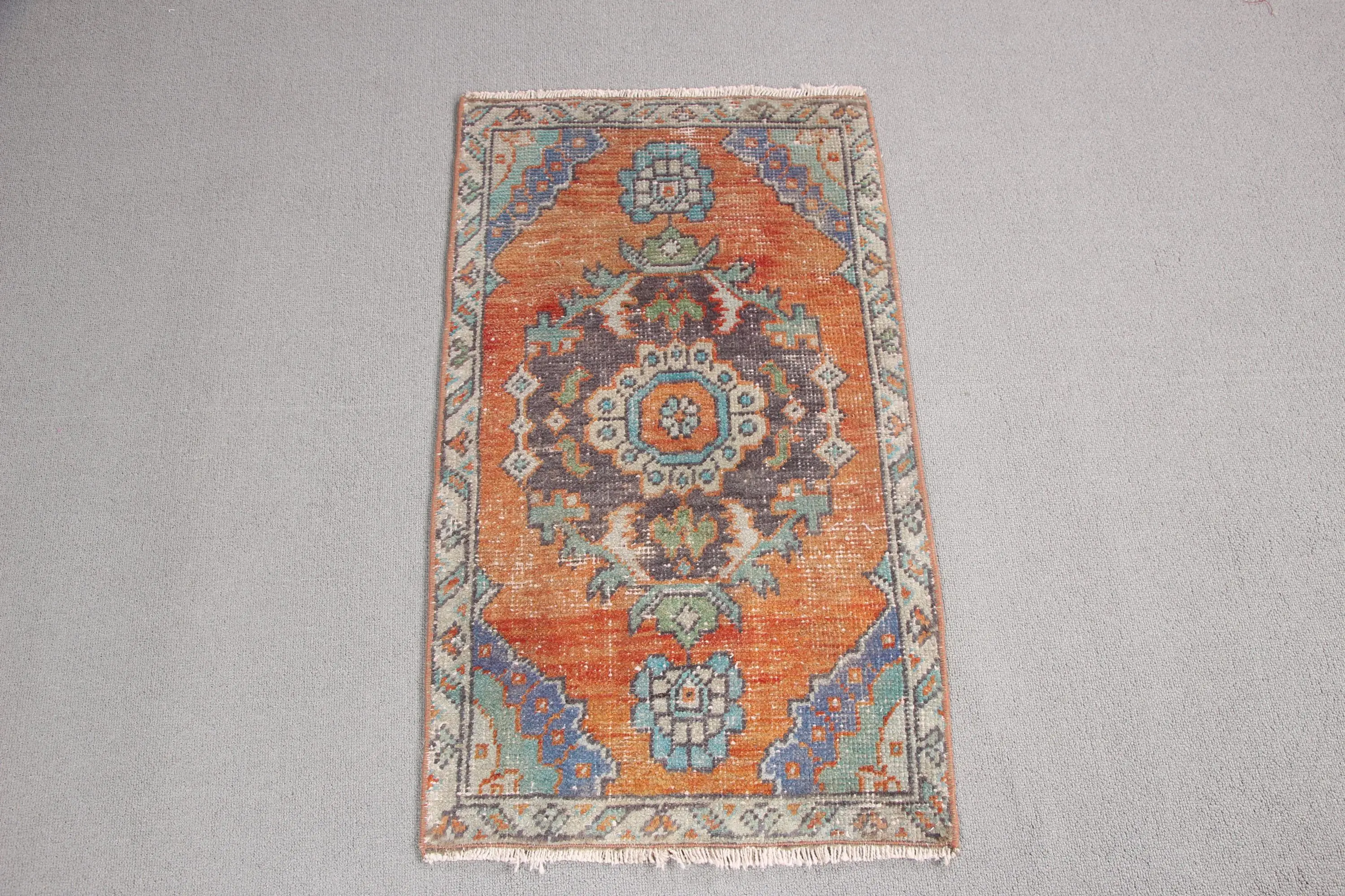 Vintage Rug, 1.5x2.7 ft Small Turkish Rug, Orange Blue Oriental Rug - 1
