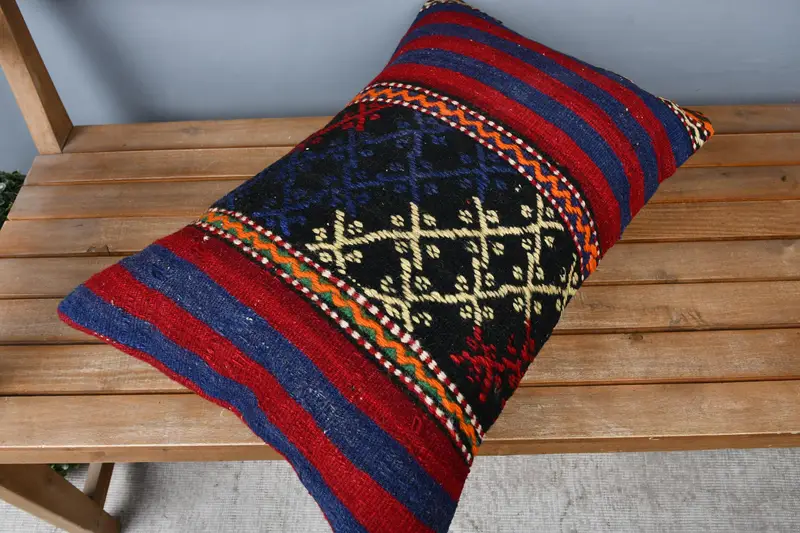 Ethnical Kilim Rug Pillow, Bed Cushion, Turkish Corner Cushion, 16x24 Blue Pillow, Home Decor Pillow, Lounge Throw Cushion, Cushion, Vintage Pillow - 2