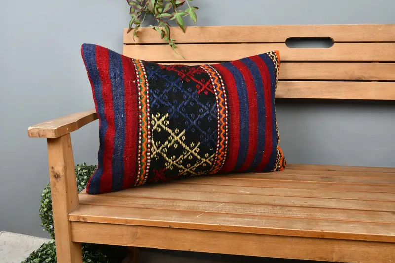Ethnical Kilim Rug Pillow, Bed Cushion, Turkish Corner Cushion, 16x24 Blue Pillow, Home Decor Pillow, Lounge Throw Cushion, Cushion, Vintage Pillow - 1
