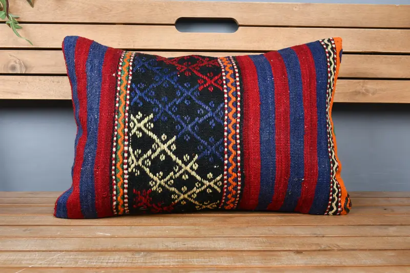 Ethnical Kilim Rug Pillow, Bed Cushion, Turkish Corner Cushion, 16x24 Blue Pillow, Home Decor Pillow, Lounge Throw Cushion, Cushion, Vintage Pillow - 6