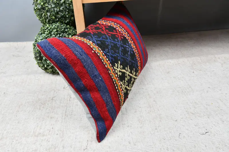 Ethnical Kilim Rug Pillow, Bed Cushion, Turkish Corner Cushion, 16x24 Blue Pillow, Home Decor Pillow, Lounge Throw Cushion, Cushion, Vintage Pillow - 7