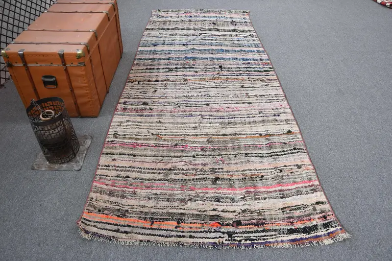 Turkish 4x9.7 ft Rug, Area Vintage Rug, Black White Bordered Wool Rug - 1