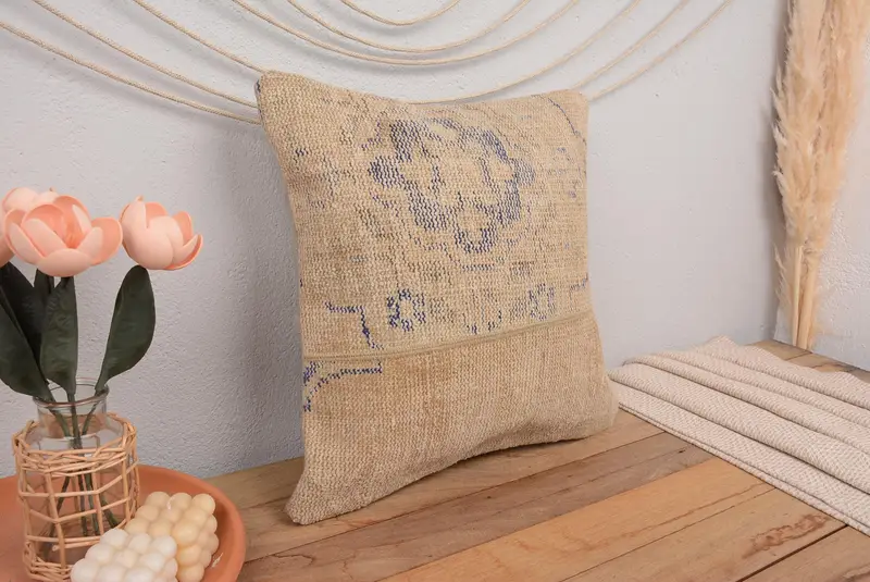 Kilim Pillow Cover, Car Pillow Case, Antique Pillows, Authentic Cushion, 18x18 Beige Cushion, Home Decor Pillow, Cushion, Bench Cushion - 1