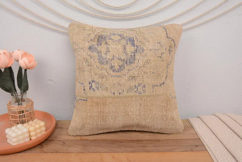 Kilim Pillow Cover, Car Pillow Case, Antique Pillows, Authentic Cushion, 18x18 Beige Cushion, Home Decor Pillow, Cushion, Bench Cushion - 2