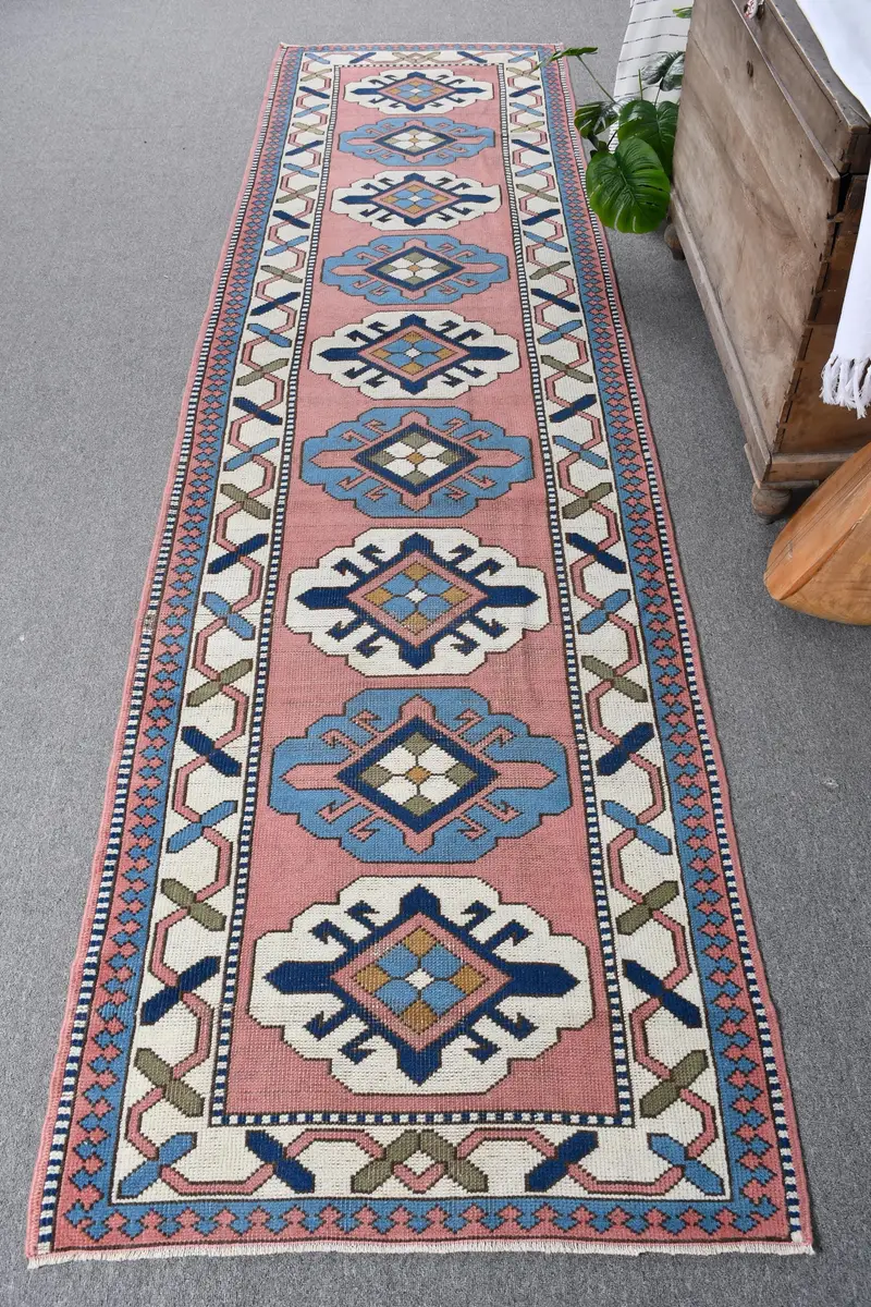 Handmade Pink & Blue Rug, 0.3x9.5 ft Striped Geometric