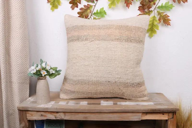 Handmade Kilim Cushion, Ethnical Kilim Rug Pillow, Vintage Pillow Cover, Home Decor Pillow, Art Deco Pillow Sham, 20x20 Beige Cushion, Pillow Cover - 1