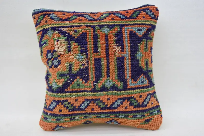12x12 Orange Pillow Case, Knitted Pillow Cover, Antique Pillows, Pillow Sham, Kilim Pillow, Throw Kilim Pillow, Farmhouse Cushion, Toss Cushion - 1