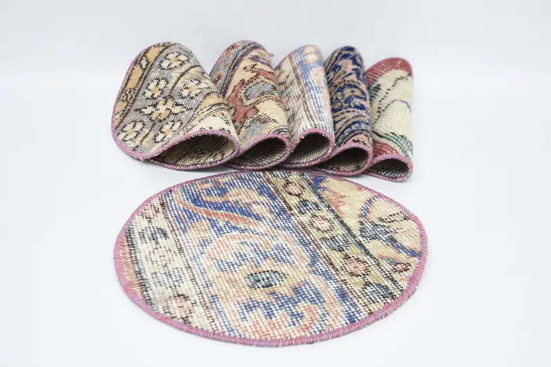 Böhmische blaue und beige Kreis-Tischsets, elegantes Dekor aus Baumwolle und Wolle