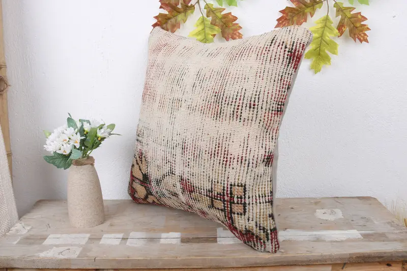 Antique Pillows, Neutral Throw Pillow, Pillow for Sofa, Ottoman Pillow Case, Vintage Kilim Throw Pillow, Bed Cushion, 16x16 Red Pillow Cover, Pillow - 4
