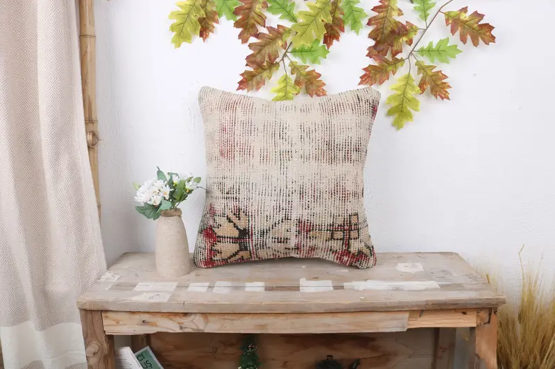 Antique Pillows, Neutral Throw Pillow, Pillow for Sofa, Ottoman Pillow Case, Vintage Kilim Throw Pillow, Bed Cushion, 16x16 Red Pillow Cover, Pillow - 1