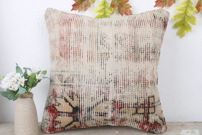 Antique Pillows, Neutral Throw Pillow, Pillow for Sofa, Ottoman Pillow Case, Vintage Kilim Throw Pillow, Bed Cushion, 16x16 Red Pillow Cover, Pillow - 2