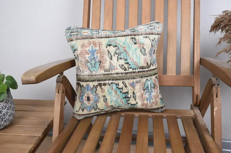 Vintage Kilim Throw Pillow, Kilim Pillow Cover, Cushion Cover, Ethnical Kilim Rug Pillow, 14x14 Green Cushion Cover, Comfy Throw Cushion - 1