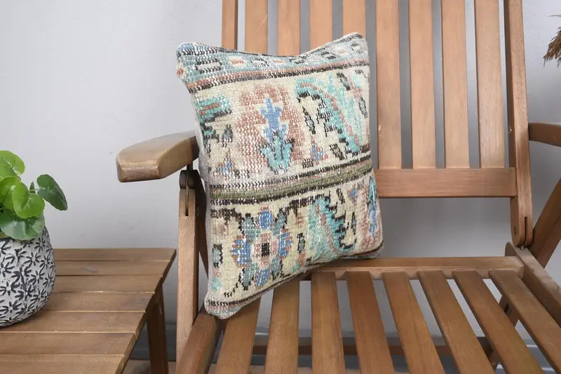 Vintage Kilim Throw Pillow, Kilim Pillow Cover, Cushion Cover, Ethnical Kilim Rug Pillow, 14x14 Green Cushion Cover, Comfy Throw Cushion - 2