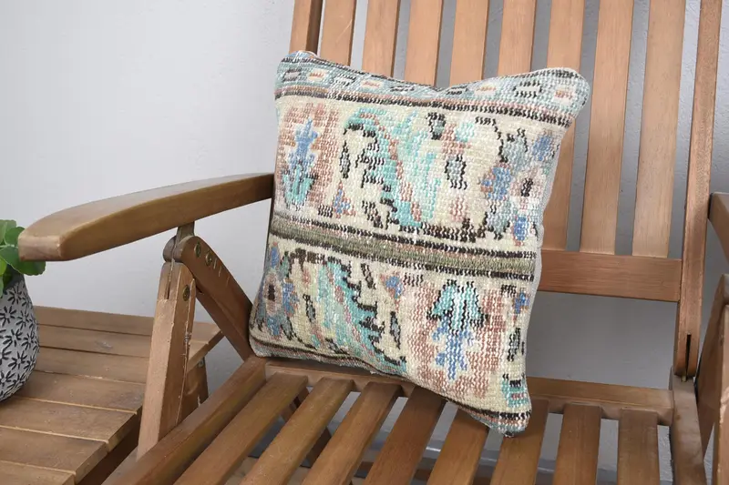 Vintage Kilim Throw Pillow, Kilim Pillow Cover, Cushion Cover, Ethnical Kilim Rug Pillow, 14x14 Green Cushion Cover, Comfy Throw Cushion - 3