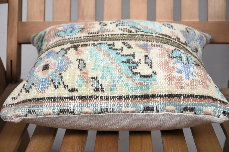 Vintage Kilim Throw Pillow, Kilim Pillow Cover, Cushion Cover, Ethnical Kilim Rug Pillow, 14x14 Green Cushion Cover, Comfy Throw Cushion - 5