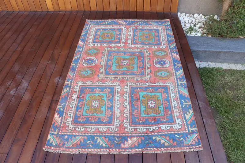 Vintage Turkish Rug 3.6x5.8 ft, Oushak Red Southwestern Wool Rug - 1