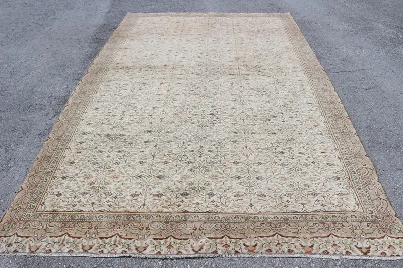 Turkish Vintage Rug, 6.9x11.9 ft Oushak Rug, Brown White Floral Wool Rug - 1
