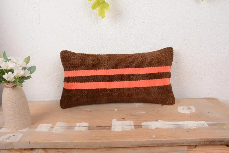Brown & Orange Striped Throw Pillow, Vintage Embroidered Cushion