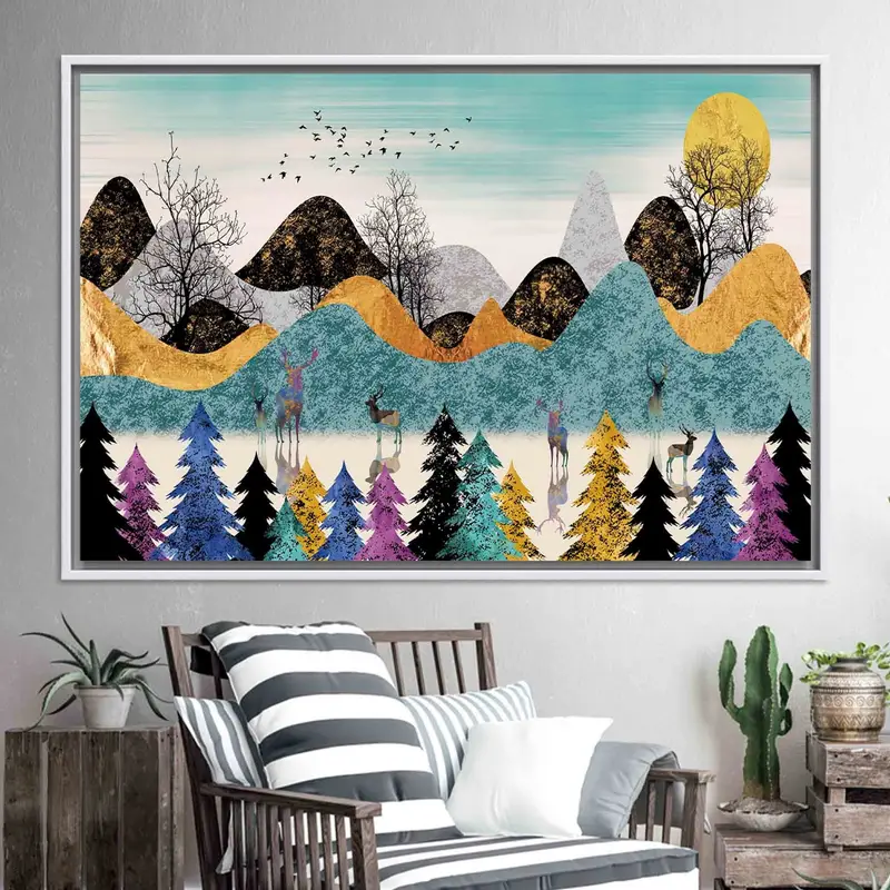 エレガントな鹿の森の風景プリント キャンバス - 現代的な抽象