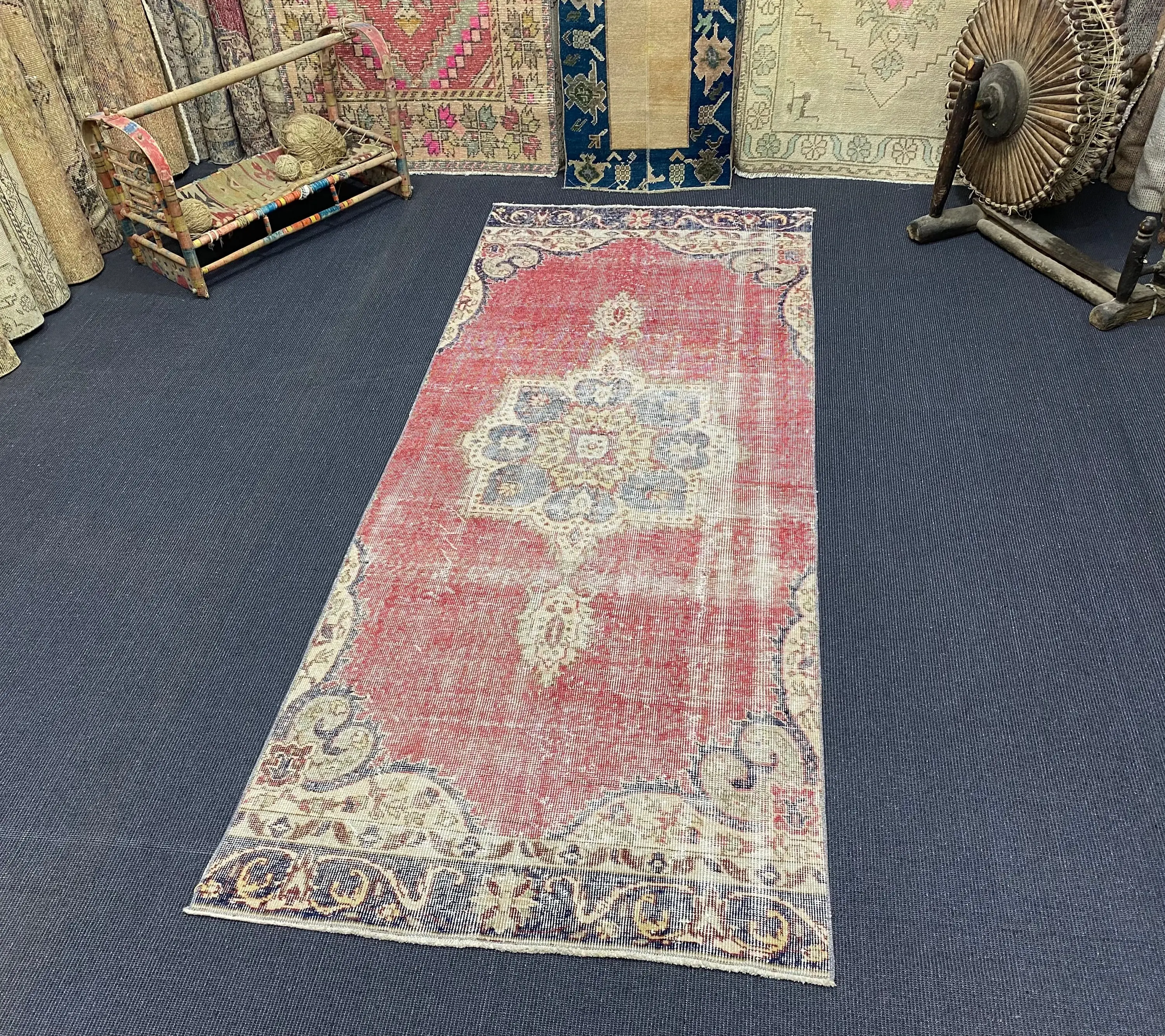 Turkish Vintage Runner Rug 3.2x8.2 ft (96x250 cm), Red Floral Rug - 1