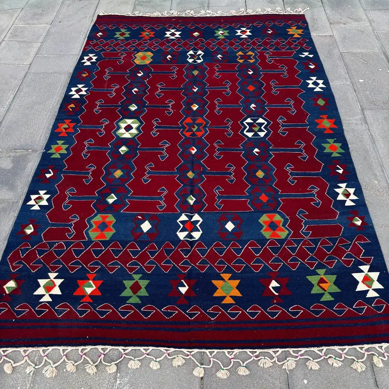 Red & Blue Abstract Rug, 5,3x8,3 ft Chic Decor