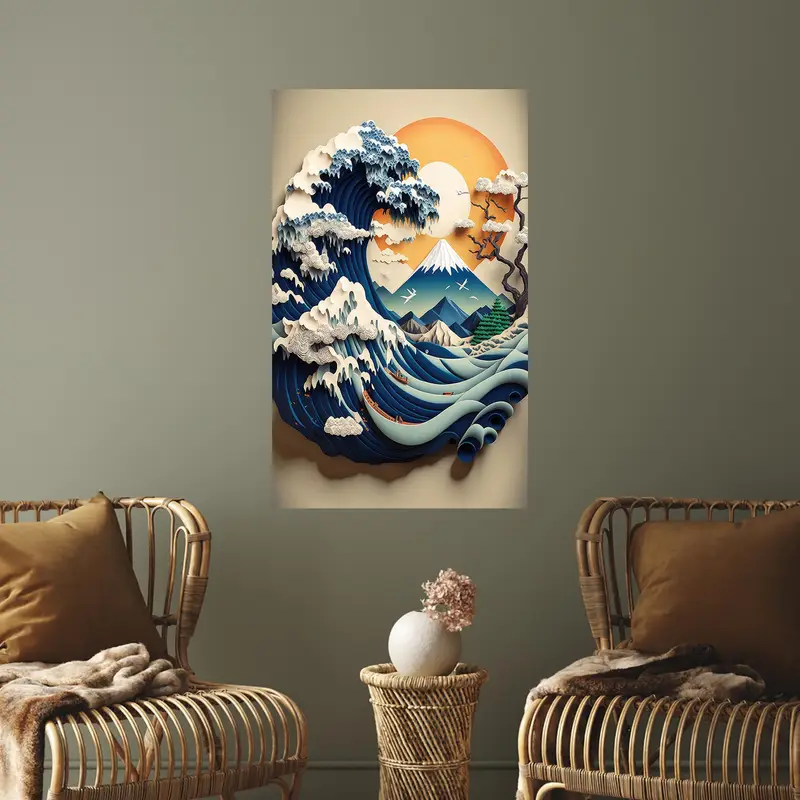 エレガントなプリントガラス: 抽象的な波、北斎にインスピレーションを得たデザイン