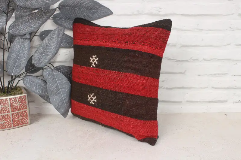 Yoga Cushion, Outdoor Bolster Cushion, Vintage Kilim Throw Pillow, Cushion, Antique Pillows, Throw Kilim Pillow, 14x14 Red Pillow Cover - 4