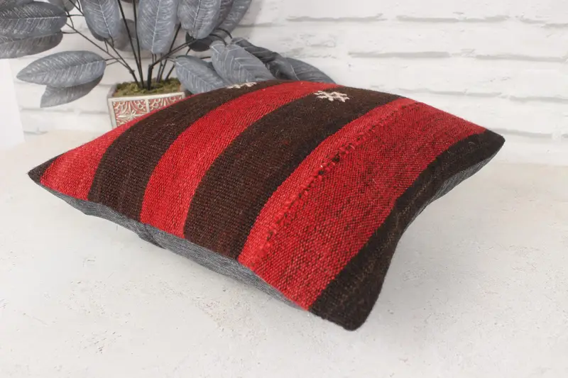 Yoga Cushion, Outdoor Bolster Cushion, Vintage Kilim Throw Pillow, Cushion, Antique Pillows, Throw Kilim Pillow, 14x14 Red Pillow Cover - 6